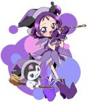  1girl :d black_eyes blush boots borrowed_clothes broom broom_riding commentary_request crossover dress earrings edamame_(buruburu) full_body gloves grin hands_up hat holding holding_wand jewelry kuromi looking_at_another looking_at_viewer magical_girl ojamajo_doremi one_side_up onegai_my_melody pointy_footwear purple_dress purple_footwear purple_gloves purple_hair purple_headwear segawa_onpu short_hair smile standing violet_eyes wand witch_hat 