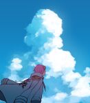  1boy blue_sky coby_(one_piece) eyewear_on_head facing_away from_behind glasses looking_up male_focus marine_uniform_(one_piece) one_piece pink_hair short_hair sky sky_focus solo upper_body wind x_2n 