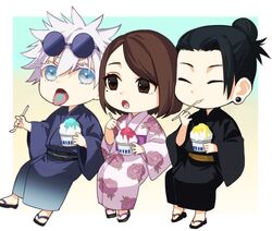  1girl 2boys accelerando black_eyes black_footwear black_hair black_kimono blue_eyes blue_kimono brown_hair chibi closed_eyes ear_piercing floral_print_kimono food full_body getou_suguru gojou_satoru hair_bun hair_pulled_back holding holding_food holding_spoon ieiri_shoko japanese_clothes jujutsu_kaisen kimono long_sleeves mole mole_under_eye multiple_boys open_mouth piercing pink_kimono round_eyewear sandals shaved_ice short_hair spoon sunglasses tongue tongue_out utensil_in_mouth white_hair wide_sleeves 