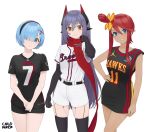  3girls arm_at_side artist_name atlanta_braves atlanta_falcons atlanta_hawks baseball_jersey baseball_uniform basketball_jersey belt black_belt black_hairband black_shirt black_shorts black_thighhighs blue_eyes blue_hair carlo_montie character_request closed_mouth commission copyright_request cowboy_shot crossover eyes_visible_through_hair grin hair_between_eyes hair_ornament hair_over_one_eye hairband hand_on_own_hip hand_up highres long_hair looking_at_viewer multiple_girls number_print one_side_up own_hands_together pokemon purple_hair re:zero_kara_hajimeru_isekai_seikatsu red_scarf redhead rem_(re:zero) scarf shirt shirt_tucked_in short_hair short_hair_with_long_locks short_sleeves shorts simple_background skyla_(pokemon) sleeveless sleeveless_shirt smile sportswear thigh-highs v_arms very_long_hair white_background white_shirt white_shorts white_thighhighs x_hair_ornament yellow_eyes 