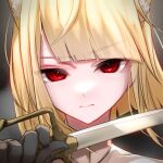  1girl black_gloves blonde_hair blunt_bangs closed_mouth commentary_request gloves highres looking_at_viewer original red_eyes serious short_hair solo sword t_oaru weapon 