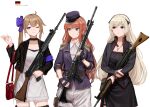  3girls armband ascot bag battle_rifle belt black_dress black_jacket black_thighhighs blonde_hair blue_armband blue_bow blue_eyes blue_gloves blue_headwear bow brown_hair closed_mouth collarbone collared_shirt cowboy_shot cowlick cross cross_necklace dress dress_shirt epaulettes fal_(girls&#039;_frontline) fingerless_gloves fn_fal g3_(girls&#039;_frontline) german_flag girls_frontline gloves green_eyes gun h&amp;k_g3 hair_between_eyes hair_bow hat highres holding holding_gun holding_weapon jacket jewelry leather_belt long_hair military_hat military_jacket multiple_girls necklace one_eye_closed open_mouth orange_hair rampart1028 red_bag rifle shirt shoulder_bag side_ponytail sidelocks sig-510_(girls&#039;_frontline) sig_sg510 simple_background smile standing sweatdrop thigh-highs thigh_pouch very_long_hair violet_eyes weapon white_ascot white_background white_dress white_shirt 