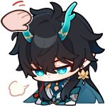  1boy black_hair chibi chinese_clothes colored_inner_hair dan_heng_(honkai:_star_rail) dan_heng_(imbibitor_lunae)_(honkai:_star_rail) detached_sleeves dragon_boy dragon_horns earrings english_commentary green_eyes green_horns hair_between_eyes headpat honkai:_star_rail honkai_(series) horns jewelry long_hair long_sleeves male_focus multicolored_hair no_mouth official_art pointy_ears red_eyeliner single_earring solo transparent_background upper_body v-shaped_eyebrows 