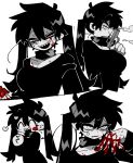  1girl anger_vein black_hair black_sweater blood blood_on_face blood_on_hands blush breasts closed_eyes dark_konoha genderswap genderswap_(mtf) gun half-closed_eyes highres holding holding_gun holding_weapon kagerou_project konoha_(kagerou_project) large_breasts long_hair long_sleeves looking_at_viewer multiple_views open_mouth shaded_face sharp_teeth simple_background smile smoke smoking_gun sweater teeth tongue tongue_out tonkatsu184 twintails weapon white_background 