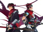  2boys alec_(arc_the_lad) arc_(arc_the_lad) arc_the_lad arc_the_lad_iii armor belt brown_hair closed_mouth gloves headband highres male_focus multiple_boys protected_link red_scarf save_scene_a scarf short_hair simple_background sword weapon white_background 