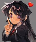  1girl black_hair black_jacket blunt_bangs closed_mouth collared_shirt commentary_request film_grain gomoku_(gomoku418) grey_background heart_emoji highres index_finger_raised jacket long_hair necktie protagonist_2_(housamo) red_necktie school_uniform shirt sidelocks simple_background smile solo tokyo_afterschool_summoners upper_body v-shaped_eyebrows violet_eyes white_shirt 