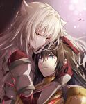  1boy 1girl animal_ear_fluff animal_ears armor armored_bodysuit black_hair blue_eyes bodysuit cat_ears closed_mouth commentary_request expressionless gloves grey_hair hair_between_eyes hands_on_another&#039;s_head highres long_hair m_(xenoblade) n_(xenoblade) red_gloves ui_frara very_long_hair xenoblade_chronicles_(series) xenoblade_chronicles_3 yellow_eyes 