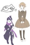  2boys bandaged_arm bandages black_hair black_jacket black_pants black_ribbon brown_hair brown_skirt danganronpa:_trigger_happy_havoc danganronpa_(series) danganronpa_2:_goodbye_despair earrings fujisaki_chihiro grey_hair hand_up highres jacket jewelry kneehighs long_sleeves looking_at_viewer monokuma multiple_boys neck_ribbon otoko_no_ko pants pink_scarf ribbon ring scarf shoes short_hair skirt socks tanaka_gundham yukimi_dango_(usagisan6591) 