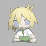  antenna_hair blonde_hair blue_eyes character_doll chibi dress_shirt empty_eyes green_necktie green_skirt grey_background kokaki_mumose long_sleeves necktie no_humans no_sclera open_mouth pleated_skirt shirt short_hair simple_background skirt smile tetata_pachi white_shirt zelmoni 