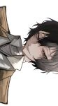  1boy bandaged_neck bandages black_hair brown_eyes brown_jacket bungou_stray_dogs collared_shirt dazai_osamu_(bungou_stray_dogs) hair_between_eyes highres jacket looking_at_viewer male_focus open_mouth portrait shirt short_hair simple_background smile solo white_shirt ya_ta 