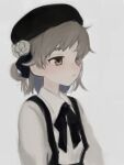  1girl :o arms_at_sides beret black_headwear black_ribbon brown_eyes brown_hair collared_shirt colored_inner_hair commentary_request flower from_side grey_hair hair_flower hair_ornament hair_ribbon hat hatoba_tsugu long_sleeves looking_ahead mikazuki_(mikadukia031) multicolored_hair neck_ribbon open_mouth profile ribbon rose shirt simple_background single_hair_ring solo suspenders tsugu_(vtuber) upper_body virtual_youtuber white_background white_flower white_rose 