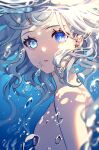  1girl air_bubble blue_eyes blurry blurry_foreground bubble collarbone commentary drop-shaped_pupils english_commentary eyelashes floating_hair furina_(genshin_impact) genshin_impact heterochromia highres long_hair looking_at_viewer looking_to_the_side merururuu mismatched_pupils parted_lips solo symbol-shaped_pupils underwater upper_body water white_hair 