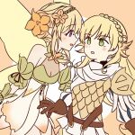  2girls armor bare_shoulders blonde_hair blush brown_gloves dress fairy_wings fire_emblem fire_emblem_heroes flower fukui gloves green_eyes hair_flower hair_ornament long_hair looking_at_another multiple_girls open_mouth peony_(fire_emblem) sharena_(fire_emblem) sleeveless sleeveless_dress violet_eyes wings 