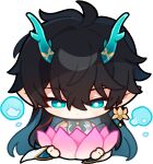  1boy black_hair chibi chinese_clothes colored_inner_hair dan_heng_(honkai:_star_rail) dan_heng_(imbibitor_lunae)_(honkai:_star_rail) detached_sleeves dragon_boy dragon_horns earrings english_commentary flower green_eyes green_horns hair_between_eyes holding holding_flower honkai:_star_rail honkai_(series) horns jewelry long_hair long_sleeves looking_at_flowers male_focus multicolored_hair no_mouth official_art pink_flower pointy_ears red_eyeliner single_earring solo transparent_background upper_body v-shaped_eyebrows 