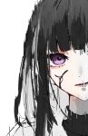  1girl black_blood black_hair black_shirt blood blood_on_face bob_cut clenched_hands closed_mouth highres hime_cut izmtyan looking_at_viewer medium_hair original shirt sweater upper_body violet_eyes white_hair white_sweater 