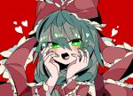  1girl bow commentary front_ponytail green_eyes green_hair green_nails hair_bow hair_ribbon highres kagiyama_hina looking_at_viewer one-hour_drawing_challenge open_mouth r.h_no.1_fuyumomo red_background red_bow red_ribbon ribbon simple_background solo touhou upper_body 