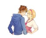  1boy 1girl :d blonde_hair blue_jacket brown_eyes brown_hair couple cropped_torso cunonn djeeta_(granblue_fantasy) eye_contact from_side gran_(granblue_fantasy) granblue_fantasy grin hairband hetero hood hood_down hooded_jacket incoming_pocky_kiss jacket looking_at_another profile red_hairband shirt short_hair simple_background sketch smile white_background white_shirt 
