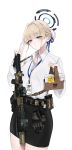  1girl alternate_costume assault_rifle belt_pouch black_gloves black_skirt blue_archive blue_eyes bow braid bun_cover collared_shirt commentary_request cup disposable_cup french_braid fte_(fifteen_199) gloves gloves_removed gun hair_between_eyes hair_bow hair_bun hair_ribbon halo highres holding holding_gun holding_weapon id_card lanyard light_brown_hair long_hair long_sleeves looking_at_viewer military multicolored_hair pencil_skirt pouch ribbon rifle shirt sidelocks simple_background single_hair_bun skirt solo sticky_note streaked_hair toki_(blue_archive) translation_request two-tone_hair v weapon white_background white_shirt 