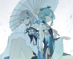  2girls aqua_hair blue_eyes brown_hair chinese_hairpin genshin_impact guizhong_(genshin_impact) hair_ornament halter_leotard halterneck highres holding holding_umbrella leotard madame_ping_(genshin_impact) multiple_girls oil-paper_umbrella parted_bangs short_hair_with_long_locks sleeves_past_fingers sleeves_past_wrists smile tassel tassel_hair_ornament umbrella violet_eyes wide_sleeves yue_(shemika98425261) 