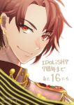  1boy bishounen closed_mouth copyright_name ear_piercing earrings idolish7 jewelry male_focus military_uniform nanase_riku piercing red_eyes redhead ryonmaru short_hair simple_background smile solo uniform upper_body white_background 