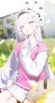  1girl alternate_costume blue_archive blurry blush casual closed_mouth collared_shirt commentary_request depth_of_field earclip flower food_in_mouth grey_ribbon hair_flower hair_ornament hairclip halo hand_up highres himari_(blue_archive) korean_commentary long_hair long_sleeves looking_at_viewer mole mole_under_eye multicolored_nails neck_ribbon outdoors pink_vest pleated_skirt pointy_ears ribbon shirt sitting skirt sleeves_past_wrists smile solo v very_long_hair vest violet_eyes white_flower white_hair white_halo white_shirt white_skirt zanya_000 