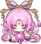  1girl chinese_clothes closed_eyes crescent crescent_hair_ornament english_commentary forehead_jewel fu_xuan_(honkai:_star_rail) hair_ornament honkai:_star_rail honkai_(series) jewelry long_hair long_sleeves no_mouth official_art open_hand parted_bangs pink_hair solo transparent_background upper_body 