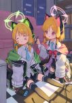  2girls absurdres animal_ear_headphones animal_ears aqua_bow aqua_necktie black_skirt black_thighhighs blonde_hair blue_archive blush bow cat_tail collared_shirt cro_(user_znms5733) fake_animal_ears green_halo hair_bow halo handheld_game_console headphones highres holding holding_pen jacket long_sleeves midori_(blue_archive) momoi_(blue_archive) multiple_girls necktie nintendo_switch parted_lips pen pink_halo pleated_skirt red_bow red_eyes shirt short_hair siblings sisters skirt tail thigh-highs twins white_jacket white_shirt wide_sleeves 