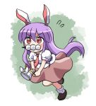  1girl animal_ears blush brown_footwear collared_shirt flying_sweatdrops full_body hair_between_eyes highres holding holding_weapon long_hair lunatic_gun mouth_hold necktie pink_skirt puffy_short_sleeves puffy_sleeves purple_hair rabbit_ears red_eyes red_necktie reisen_udongein_inaba rokugou_daisuke shirt shoes short_sleeves signature skirt socks solo touhou weapon white_shirt white_socks 