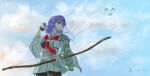  1girl aircraft arrow_(projectile) black_pantyhose bow_(weapon) breasts closed_mouth clouds contrail curvadosdunas dated day hairband holding holding_bow_(weapon) holding_weapon japanese_clothes kantai_collection long_hair muneate neckerchief outdoors pantyhose purple_hair red_eyes red_neckerchief ryuuhou_(kancolle) signature sketch skirt sky solo taigei_(kancolle) weapon wide_sleeves 