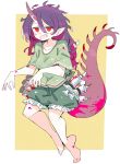  1girl barefoot blush collarbone fang full_body green_shirt green_shorts hair_between_eyes highres horns long_hair massakasama open_mouth pink_horns pointy_ears purple_hair red_eyes shirt shorts single_horn smile solo syringe tail tenkajin_chiyari test_tube touhou 