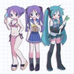  bikini blue_hair bow bowtie cosplay food hatsune_miku hatsune_miku_(cosplay) highres hiiragi_kagami ice_cream loafers lucky_star purple_hair ri_(qrcode) ryouou_school_uniform school_uniform serafuku shoes side-tie_bikini_bottom spring_onion swimsuit thigh-highs tsurime twintails violet_eyes yellow_bow yellow_bowtie 