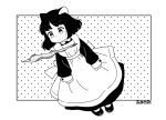  1girl akai_sashimi animal_ears apron dress dutch_angle fish greyscale long_sleeves monochrome original polka_dot polka_dot_background short_hair solo 