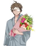  1boy ahoge bouquet brown_eyes brown_hair collarbone danganronpa_(series) danganronpa_2:_goodbye_despair eyepatch grin highres hinata_hajime holding holding_bouquet hospital_gown long_sleeves male_focus okonomiyakiyyy1 short_hair smile solo teeth upper_body wide_sleeves 