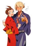  2boys :d ace_attorney alcohol apollo_justice beer black_sash blonde_hair blue_kimono blush bracelet brown_eyes brown_hair chain_necklace closed_eyes cowboy_shot cup dark-skinned_male dark_skin earrings facial_hair fingernails food food_on_face from_behind grgrton grin hair_bun highres holding holding_cup ikayaki japanese_clothes jewelry kimono klavier_gavin looking_at_viewer male_focus multiple_boys mustache necklace obi red_kimono ring sash short_hair simple_background smile swept_bangs translation_request v-shaped_eyebrows white_background wide-eyed wide_sleeves yellow_sash 