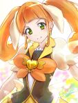  1girl brooch brown_hair clear_glass_(mildmild1311) cure_sherry earrings green_eyes hair_ribbon happinesscharge_precure! heart heart_brooch jewelry long_hair looking_at_viewer orange_hair precure puffy_sleeves ribbon skirt smile solo twintails upper_body vest yellow_skirt 