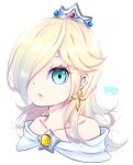  1girl bare_shoulders blue_eyes brooch collarbone crown dress earrings hair_over_one_eye jewelry long_hair looking_at_viewer nukoko12 off-shoulder_dress off_shoulder parted_lips rosalina solo star_(symbol) star_brooch star_earrings super_mario_bros. super_mario_galaxy upper_body white_background 