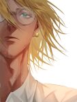  1boy blonde_hair blue_eyes closed_mouth collared_shirt earrings facial_hair glasses guiwansang1 hair_over_one_eye highres jewelry looking_at_viewer male_focus mole mole_under_eye portrait round_eyewear shirt simple_background single_earring solo trigun vash_the_stampede white_background white_shirt 