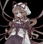  1girl black_background blonde_hair dress hair_between_eyes hat hat_ribbon highres long_hair mob_cap open_mouth purple_dress red_ribbon ribbon shindiyue short_sleeves simple_background smile solo touhou violet_eyes white_headwear yakumo_yukari 