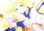  1boy blonde_hair blue_eyes blue_footwear bright_pupils closed_mouth eyelashes fate/grand_order fate_(series) fingernails hands_on_own_legs long_sleeves male_focus no_nose ryuuki_garyuu sitting smile solo star_(symbol) voyager_(fate) white_pupils white_tunic 