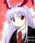  1girl absurdres animal_ears black_jacket highres jacket light_purple_hair long_hair looking_at_viewer monodoku necktie rabbit_ears rabbit_girl red_background red_eyes red_necktie reisen_udongein_inaba shirt smile solo touhou twitter_username upper_body very_long_hair white_shirt zun_(style) 