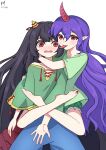  2girls :d absurdres artist_name bare_legs barefoot black_hair blue_shorts blush collarbone crossed_legs frilled_shorts frills green_shirt hair_between_eyes highres horns hug hug_from_behind long_hair long_sleeves long_tongue looking_at_another looking_at_viewer multiple_girls nippaku_zanmu open_mouth pointy_ears pom_pom_(clothes) purple_hair qinyuzhen red_eyes ribbon shirt short_sleeves shorts signature simple_background single_horn smile tenkajin_chiyari tongue tongue_out touhou unfinished_dream_of_all_living_ghost very_long_hair white_background yuri 