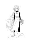  1girl arms_at_sides barefoot belt bouquet bright_pupils expressionless floating_hair full_body grass greyscale hagetapo hair_down highres holding holding_bouquet long_hair long_sleeves looking_at_viewer monochrome no_headwear pants pokemon pokemon_adventures shirt simple_background solo standing swept_bangs tunic turtleneck very_long_hair yellow_(pokemon) 