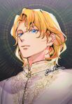  1boy alternate_universe animification blonde_hair blue_eyes commentary highres king_baldwin_iv kingdom_of_heaven kulissara-aung male_focus medium_hair portrait solo twitter_username 