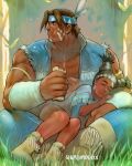  1boy 1girl armlet brown_hair dark-skinned_female dark-skinned_male dark_skin denim denim_jacket eating facepaint fringe_trim headband headdress highres jacket lily_hawk muscular muscular_male native_american native_american_headdress on_lap open_clothes open_jacket quasimodox sleeping street_fighter street_fighter_6 thunder_hawk twintails updo 