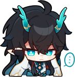  ... 1boy ahoge black_gloves black_hair chibi chinese_clothes colored_inner_hair dan_heng_(honkai:_star_rail) dan_heng_(imbibitor_lunae)_(honkai:_star_rail) detached_sleeves dragon_boy dragon_horns earrings english_commentary fingerless_gloves frown gloves green_eyes green_horns hair_between_eyes headpat honkai:_star_rail honkai_(series) horns jewelry long_hair long_sleeves looking_at_viewer male_focus multicolored_hair official_art pectoral_cleavage pectorals pointy_ears red_eyeliner solo speech_bubble transparent_background upper_body v-shaped_eyebrows white_sleeves wide_sleeves 