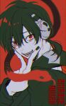  1boy arrow_(symbol) arrow_print black_hair black_jacket black_nails colored_text commentary dark_konoha double-parted_bangs evil_smile facial_mark fingernails hair_between_eyes hand_on_own_cheek hand_on_own_face headphones highres jacket junjam kagerou_project konoha_(kagerou_project) limited_palette long_sleeves looking_at_viewer male_focus mirrored_text neck_warmer open_mouth outer_science_(vocaloid) red_background red_eyes short_hair simple_background slit_pupils smile snake solo song_name teeth tongue tongue_out upper_body 