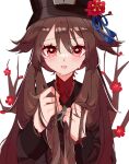  1girl black_coat blush branch brown_hair coat flower flower-shaped_pupils genshin_impact hat hat_flower hat_tassel highres hu_tao_(genshin_impact) long_hair long_sleeves looking_at_viewer neinei orange_eyes parted_lips red_shirt shirt simple_background smile solo sweat symbol-shaped_pupils twintails upper_body white_background 