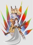  1girl animal_ears animal_print blonde_hair blue_eyes extra_ears gloves grey_background highres kemono_friends kneehighs looking_at_viewer necktie notora ribbon shirt short_hair simple_background skirt smilodon_(kemono_friends) socks solo sword tail tiger_ears tiger_girl tiger_print tiger_tail weapon 