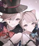  1boy 1girl animal_ears black_headwear blue_bow blue_bowtie bow bowtie braid brother_and_sister cat_ears closed_mouth facial_mark genshin_impact hair_over_one_eye hat highres looking_at_viewer lynette_(genshin_impact) lyney_(genshin_impact) multicolored_hair parted_lips pink_bow pink_bowtie pudding_15 siblings sidelocks smile star_(symbol) star_facial_mark streaked_hair teardrop_facial_mark top_hat upper_body violet_eyes 