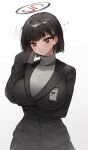  1girl arm_under_breasts black_hair black_jacket black_skirt blue_archive blush breasts closed_mouth commentary_request flying_sweatdrops gradient_background grey_background grey_shirt hair_ornament hairclip halo hand_up highres jacket large_breasts long_sleeves red_eyes rio_(blue_archive) shirt short_hair skirt sleeves_past_fingers sleeves_past_wrists solo sweat white_background xanax025 